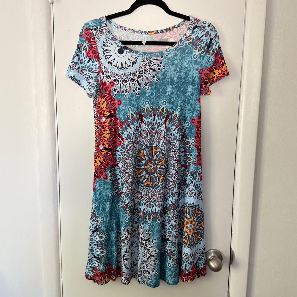 PopYoung Blue & Red Paisley Bohemian Printed Short Sleeve Shift Dress XS